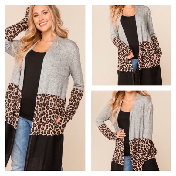 💼 Leopard / Animal Print Open Cardigan w/ Color Block - Picture 2 of 4